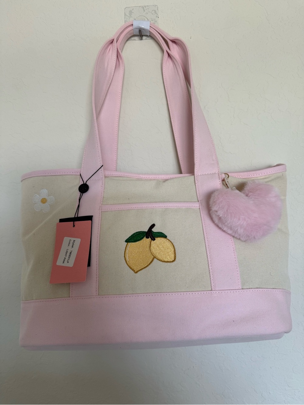 Canvas Tote Bag with Pink Trim and Lemon Embroidery
